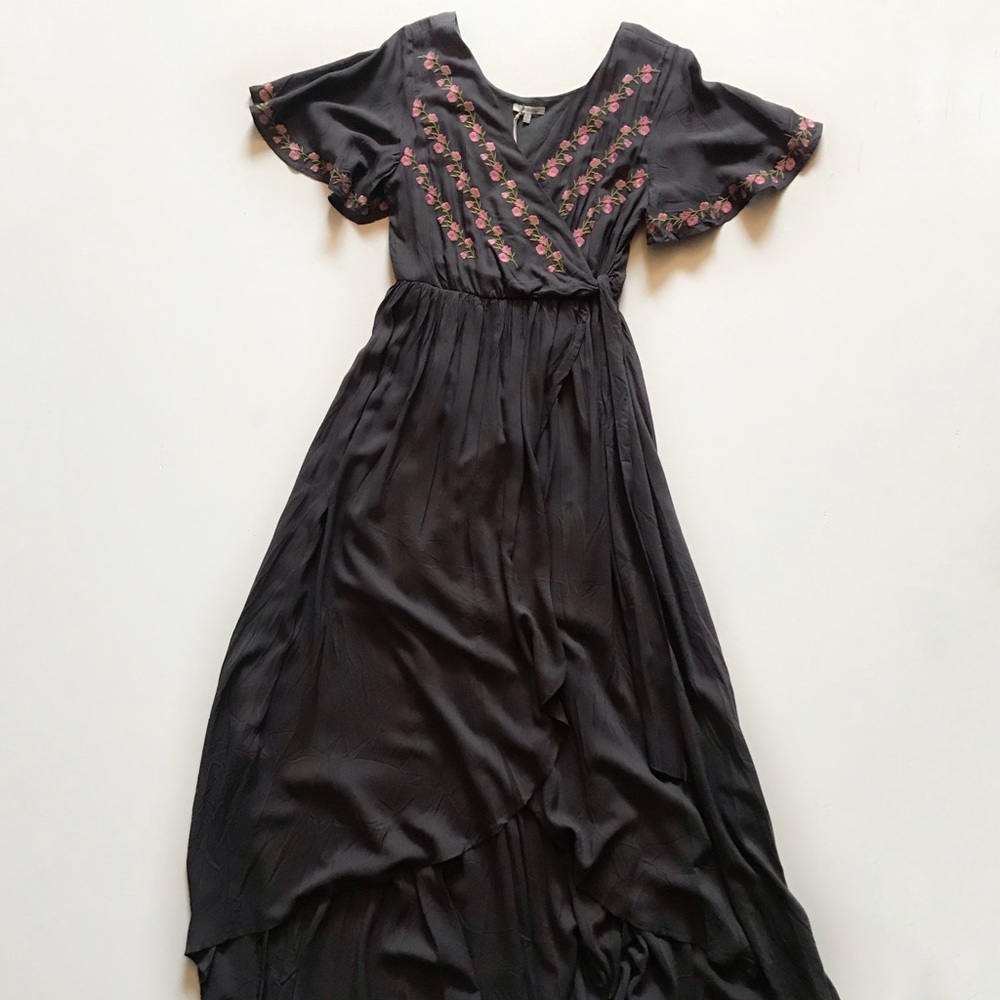 Mauve Floral Embroidered Wrap Dress in Charcoal JodiFL Brand